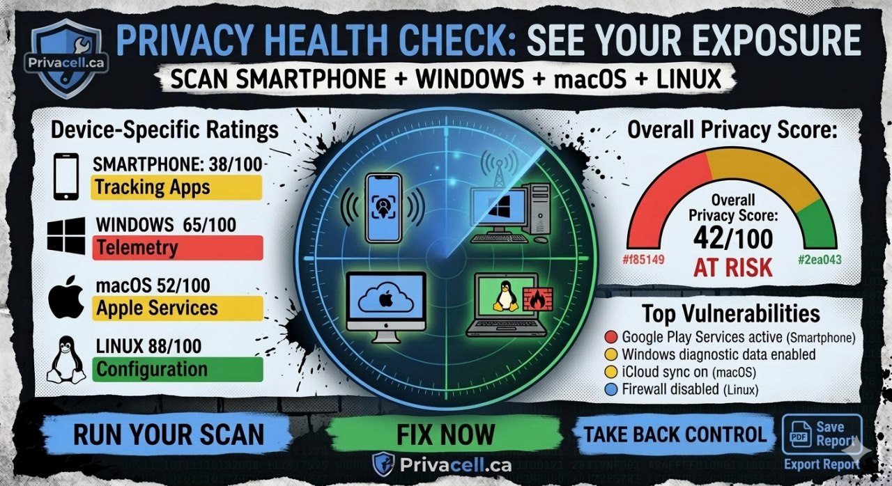 Privacy Health Check dashboard showing device scans and vulnerability scores