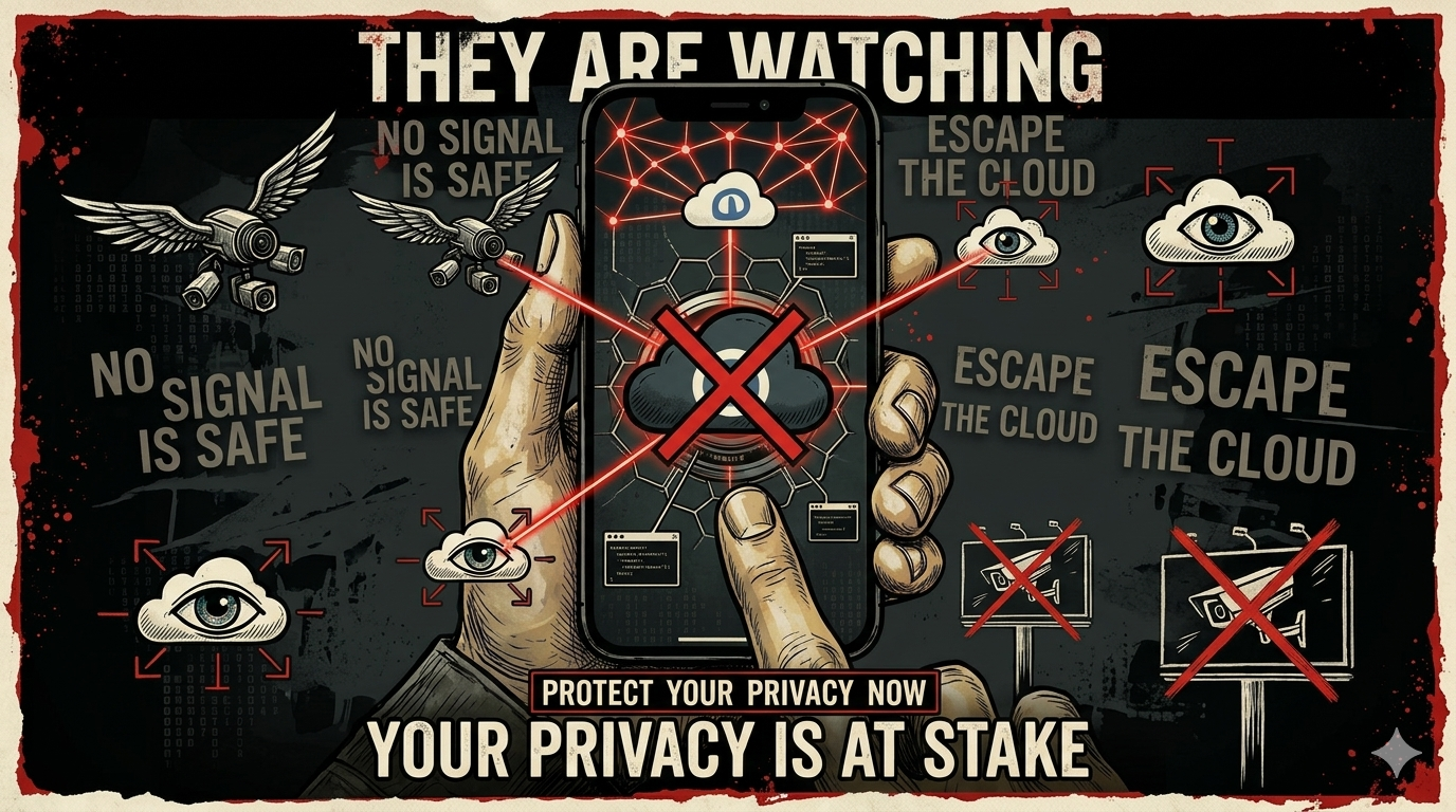 Surveillance resistance: hand holding phone with laser beams, crossed-out cloud icons, rebel text